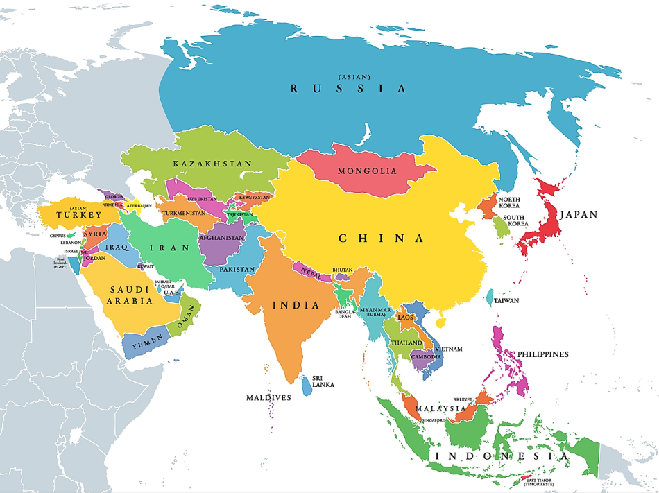 Ázia: mapa štátov Ázie